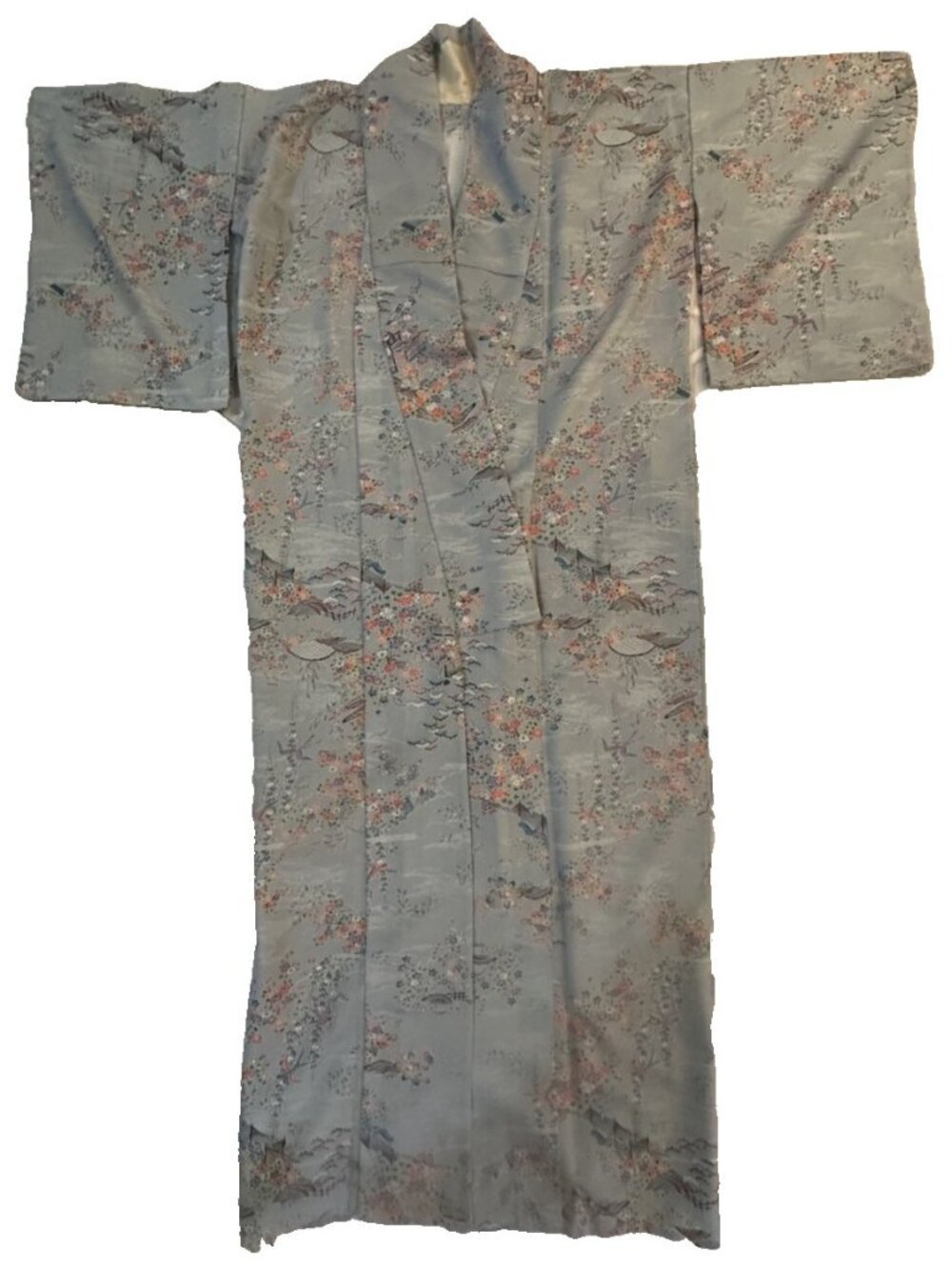 1960s 1970s kimono blue floral w obi Japanese Japan original authentic robe VTG